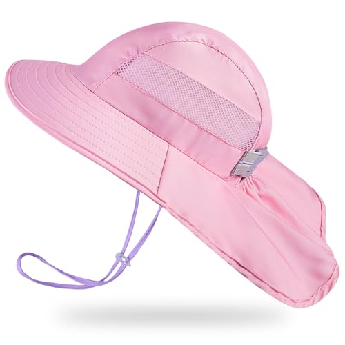 Play Tailor Kids Sun Hat UV Protection Summer Beach Play Hats Wide Brim Neck Flap for Girls Boys, Pink, 2-9 Years - Image 1