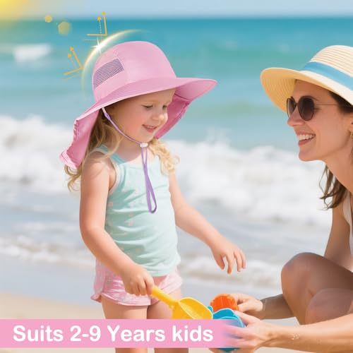 Play Tailor Kids Sun Hat UV Protection Summer Beach Play Hats Wide Brim Neck Flap for Girls Boys, Pink, 2-9 Years - Image 3