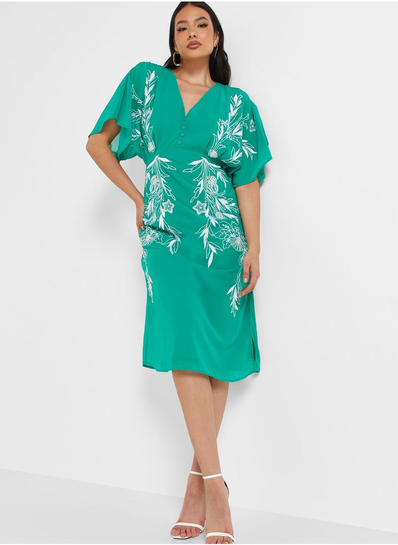 Hope & Ivy - Embroidered Plunge Neck Dress - Image 1