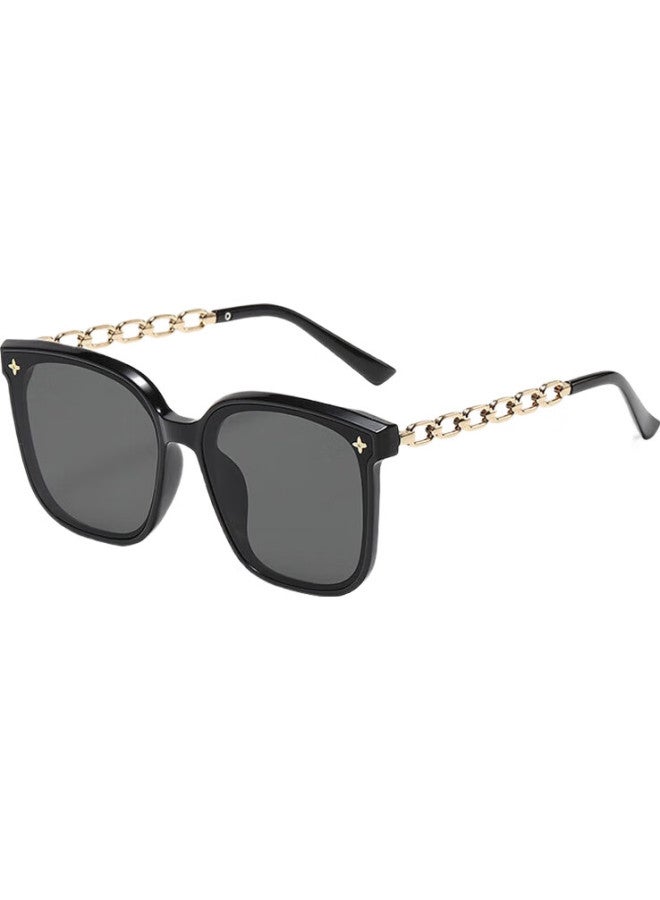 Boshide Sunglasses Black Square Chain Sunscreen Sunglasses Women'S High-End Black Gold Frame Black Grey Lens - Image 2
