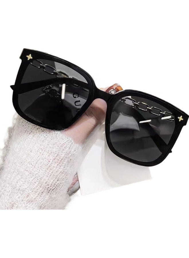 Boshide Sunglasses Black Square Chain Sunscreen Sunglasses Women'S High-End Black Gold Frame Black Grey Lens - Image 3