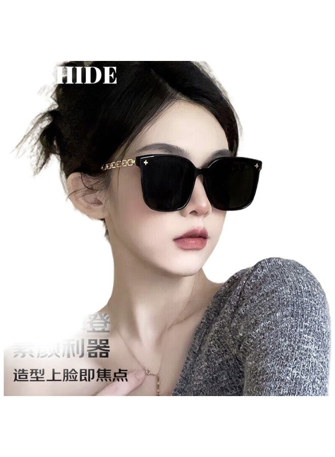 Boshide Sunglasses Black Square Chain Sunscreen Sunglasses Women'S High-End Black Gold Frame Black Grey Lens - Image 1