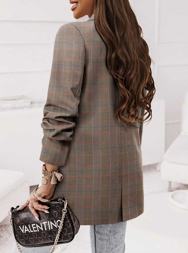 CRAZY GRID Women Work Casual Blazer Jacket Trendy Professional Business Suit Jacket Ladies Lightweight Buttons Formal Office Blazer XL Brown Plaid - Image 5