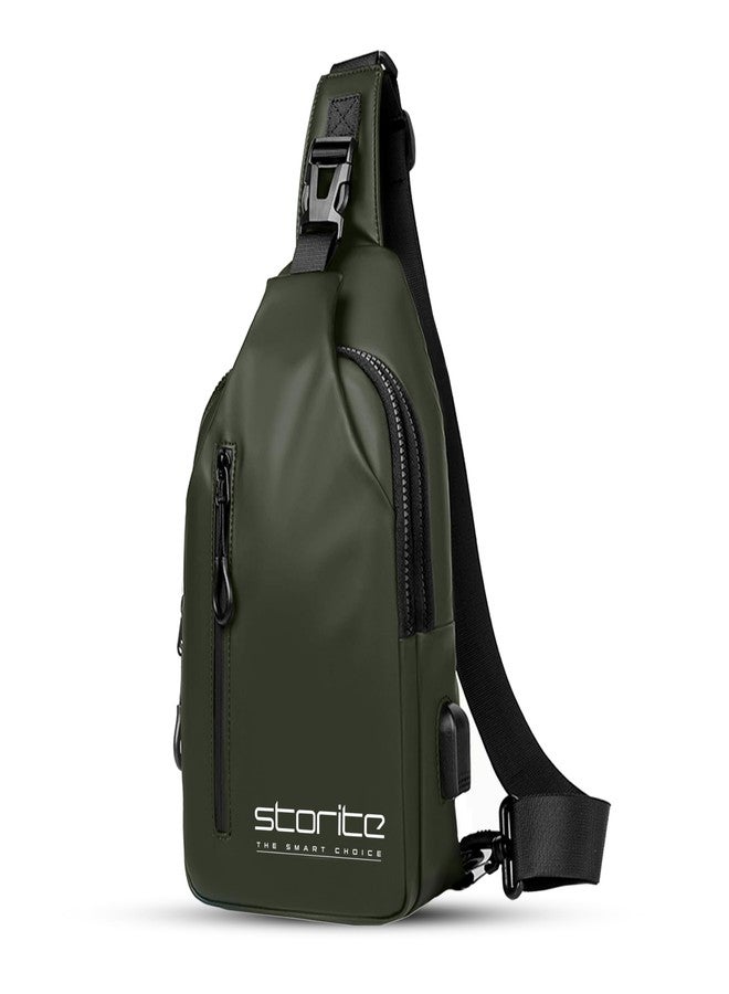 Storite Small Sling Crossbody Bag for Men Women, Waterproof Backpack Shoulder Daypack Cross Body Chest Bags With USB Charger Port for Casual Travel Hiking Outdoor Sports (Olive - 31 x 17 x 8 Cm) - Image 1