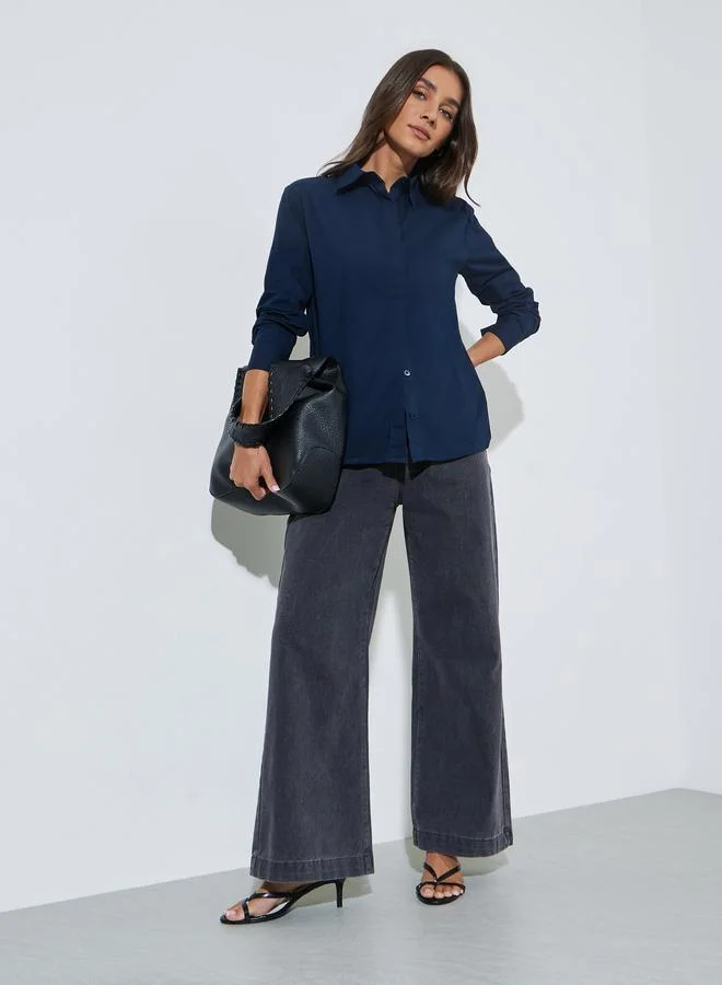 Styli Navy Blue Solid Long Sleeves Regular Fit Shirt