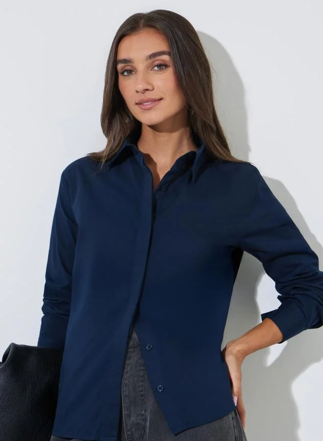 Styli Navy Blue Solid Long Sleeves Regular Fit Shirt