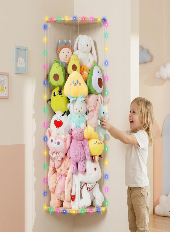 WIBOND Stuffed Animal Storage With Starry Deco Light, Wood Corner Plush Toys Holder with Star Pattern, 44-71” Height Adjustable Hanging Stuffed Animal Toy Organizer Shelf for Kids Room Nursery Play Room - Image 1