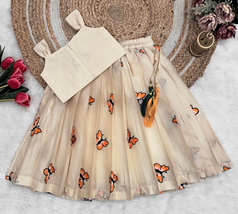 COMRATEKids Girls Lehnga Choli Pattern Dress Half Sleeves Readymade Hand Embroidery Ethnic Traditional Full Length South Indian Girl Lehnga Choli-Orange-White-1-2 Years - Image 4