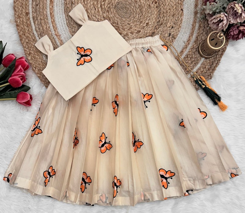 COMRATEKids Girls Lehnga Choli Pattern Dress Half Sleeves Readymade Hand Embroidery Ethnic Traditional Full Length South Indian Girl Lehnga Choli-Orange-White-1-2 Years - Image 2