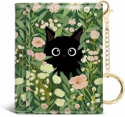 Jogjam Black Cat Floral Womens Wallet, Small Slim RFID Blocking Card Wallets, Cute Trifold PU Leather Card Holder Wallet Organizer, Mini Pocket Cash Wallet with 7 Card Slots ID Window for Girls Ladies - Image 1