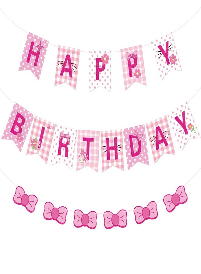 Epakh Pink Bow Kitten Happy Birthday Banner Cartoon Cat Theme Pre-strung Birthday Party Banners Decorations Cute Kawaii Cat Hanging Sign Decoration for Girls Women Party Favors Supplies - Image 1