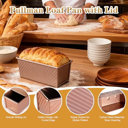 MBJZSL 3 Pcs Pullman Loaf Pan with Lid, 2.2lb/1lb/0.5lb Dough Capacity, Non-Stick Carbon Steel Bread Pans for Homemade Bread Sandwich and Toast, Sourdough Loaf Pan with Lid, Corrugated Toast Mold (Golden） - Image 3