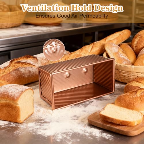 MBJZSL 3 Pcs Pullman Loaf Pan with Lid, 2.2lb/1lb/0.5lb Dough Capacity, Non-Stick Carbon Steel Bread Pans for Homemade Bread Sandwich and Toast, Sourdough Loaf Pan with Lid, Corrugated Toast Mold (Golden） - Image 5