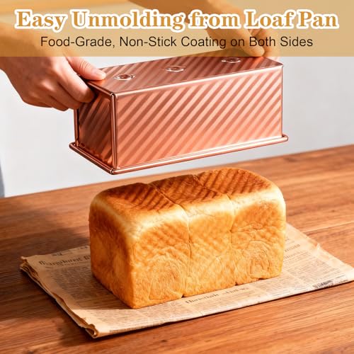 MBJZSL 3 Pcs Pullman Loaf Pan with Lid, 2.2lb/1lb/0.5lb Dough Capacity, Non-Stick Carbon Steel Bread Pans for Homemade Bread Sandwich and Toast, Sourdough Loaf Pan with Lid, Corrugated Toast Mold (Golden） - Image 4