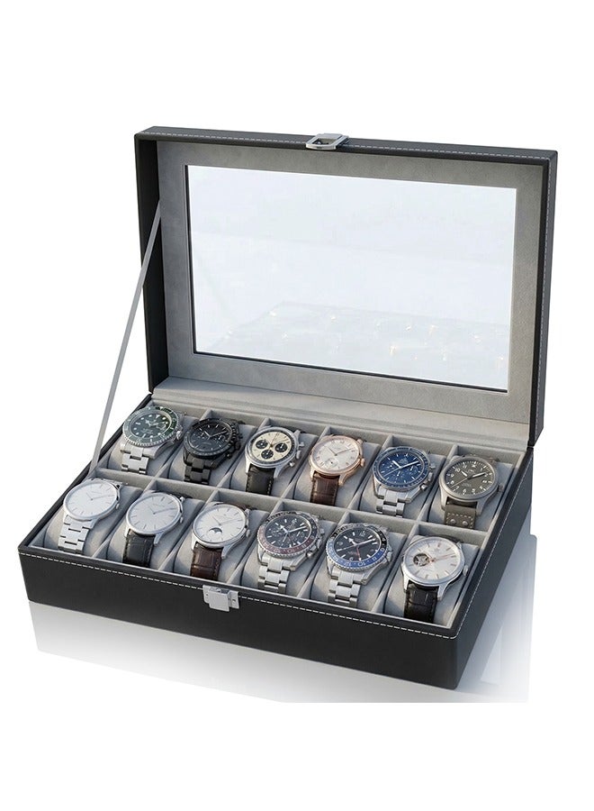 Yolu 12 Slot Jewelry Box Storage for Men Women, PU Leather Watch Box Organizer with Glass Display - Image 1