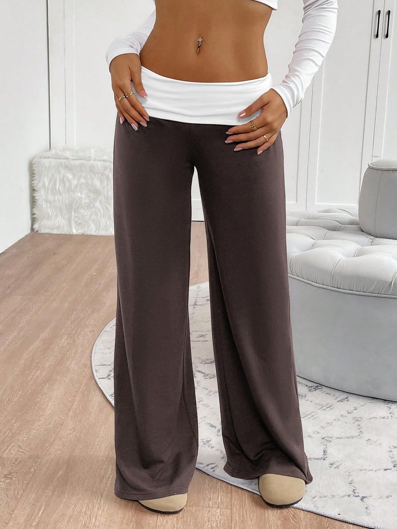 Yoawdats Fold Over Yoga Pants for Women Wide Leg Sweatpants Low Rise Flare Lounge Pant Bell Bottoms Y2K Foldover Pants (Coffee g, S) - Image 2