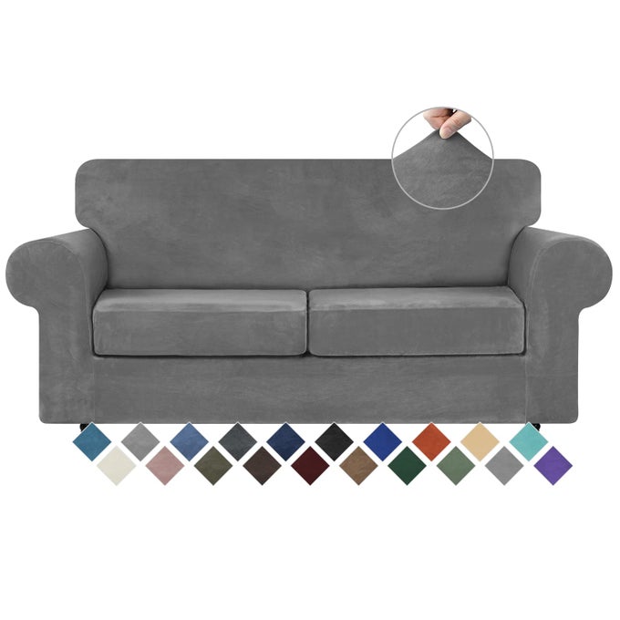 Velvet Couch Covers for 2 Cushion Couch Sofa High Stretch Luxury Velvet Plush 3 Pieces Sofa Slipcovers with Elastic Bottom Furniture Protector for Pets Machine Washable Light Grey Medium