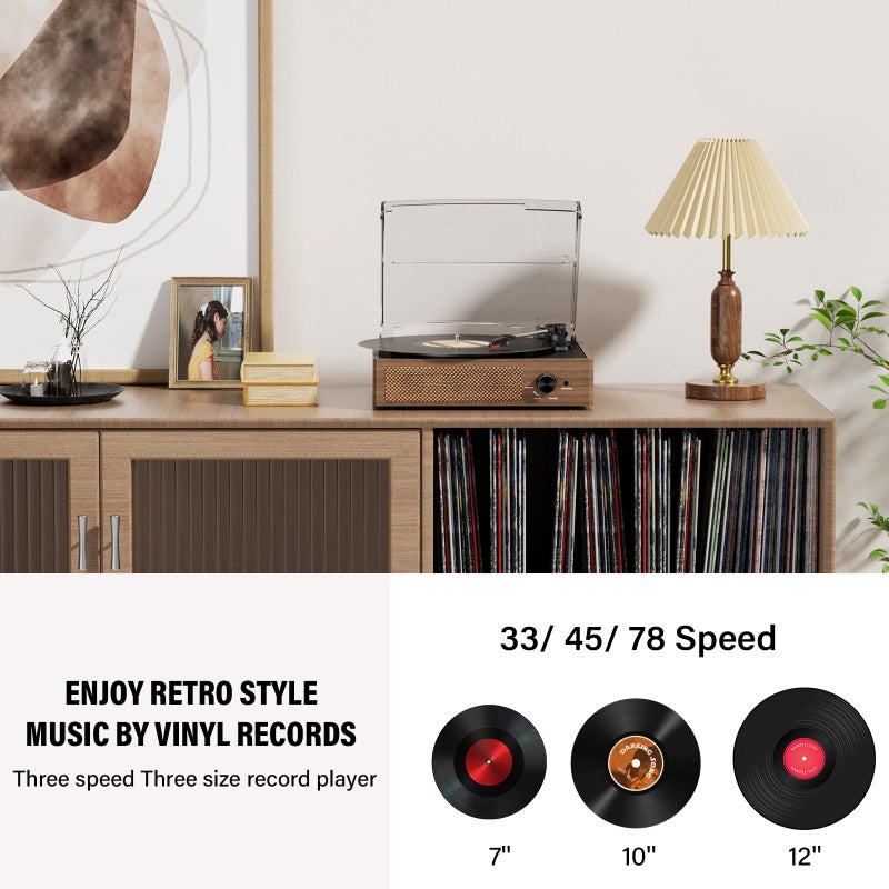 cotsoco Record Player for Vinyl with 2 Build-in Speakers LP Vinyl Players Belt-Driven Vintage Turntables 3 Speed 3 Size, Wireless Bluetooth Playback, AUX-in,RCA Out, Headphone, Auto Stop Wood - Image 4