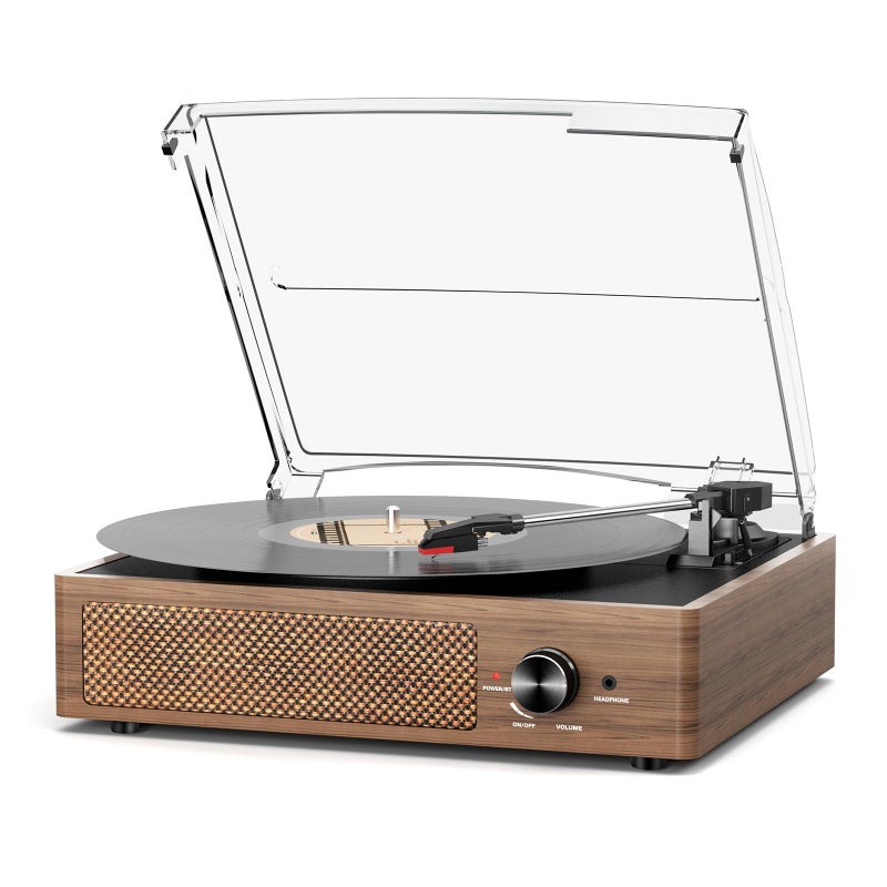 cotsoco Record Player for Vinyl with 2 Build-in Speakers LP Vinyl Players Belt-Driven Vintage Turntables 3 Speed 3 Size, Wireless Bluetooth Playback, AUX-in,RCA Out, Headphone, Auto Stop Wood - Image 1