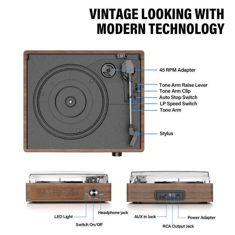 cotsoco Record Player for Vinyl with 2 Build-in Speakers LP Vinyl Players Belt-Driven Vintage Turntables 3 Speed 3 Size, Wireless Bluetooth Playback, AUX-in,RCA Out, Headphone, Auto Stop Wood - Image 2
