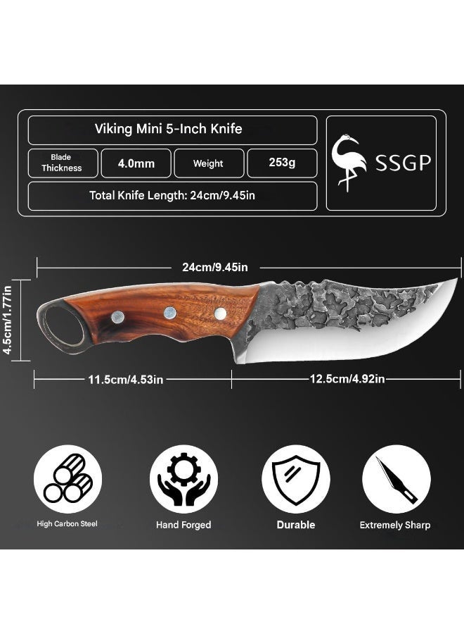 أس أس جي بي سكين فايكنغ 5 بوصة، سكين جزار مصنوع يدويًا مع غمد، سكاكين مطبخ، خنجر، فولاذ عالي الكربون، مناسب للاستخدام المنزلي والتخييم وتقطيع اللحوم وتقشير اللحوم - Image 3