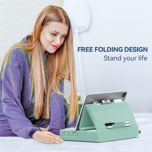 KDD Tablet Pillow Holder Foldable iPad Stand for Lap Bed and Desk Tablet Soft Pad Dock with Pocket Stylus Mount Compatible with iPad Pro 129 105 97 Air Mini 6 5 4 3 EReader - Image 3