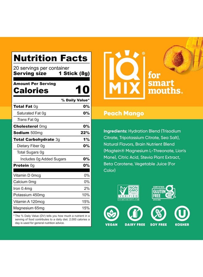 IQBAR IQMIX Sugar Free Electrolytes Powder Packets - Hydration Supplement Drink Mix with Keto Electrolytes, Lions Mane, Magnesium L-Threonate, and Potassium Citrate - Peach Mango (20 Count) - Image 3