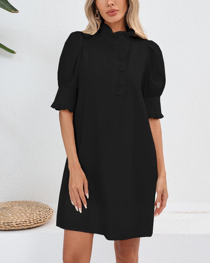 YEXPINE Women's Puff Short Sleeve Stand Ruffle Collar Summer Dress Casual A Line Shift Mini Dress with Pockets Black - Image 3