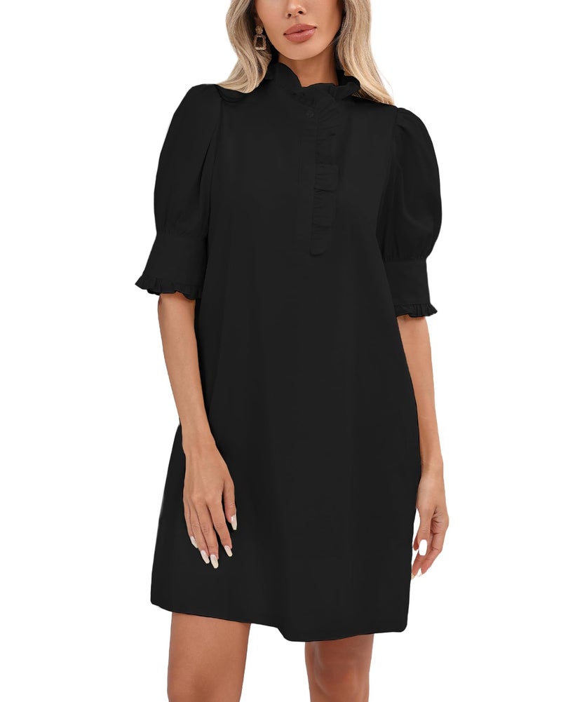 YEXPINE Women's Puff Short Sleeve Stand Ruffle Collar Summer Dress Casual A Line Shift Mini Dress with Pockets Black - Image 1