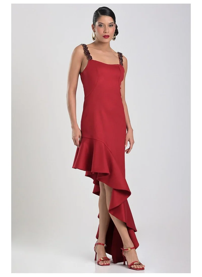 Asymmetric Red Dress with Cascade Ruffle