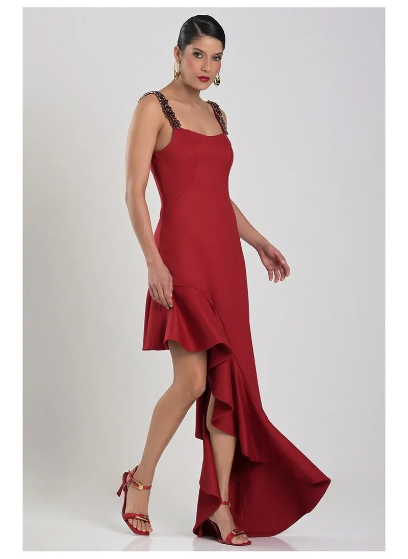 Carmen Steffens  Asymmetric Red Dress with Cascade Ruffle for Women | Best Price UAE