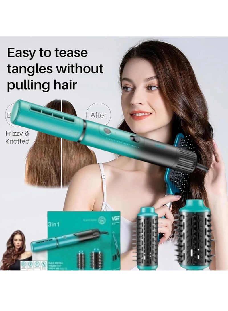 في جي آر 3 in 1 Hair Styler V-689 , for stylish and easy hair styling, combines hair drying, straightening, and curling in one device, interchangeable rotating brush heads (curling brush, volumizing brush), negative ion technology to protect hair and cold air feature to fix the style, ideal for use at home, while traveling, and hair salons green - Image 4