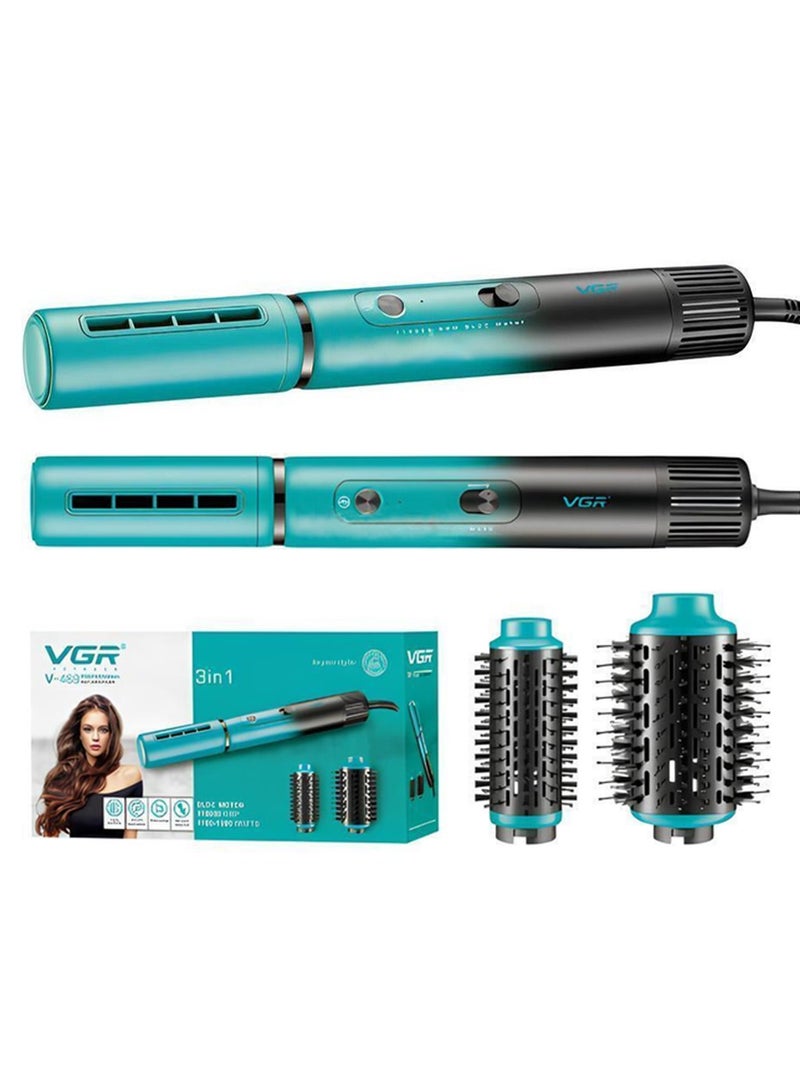 في جي آر 3 in 1 Hair Styler V-689 , for stylish and easy hair styling, combines hair drying, straightening, and curling in one device, interchangeable rotating brush heads (curling brush, volumizing brush), negative ion technology to protect hair and cold air feature to fix the style, ideal for use at home, while traveling, and hair salons green - Image 2
