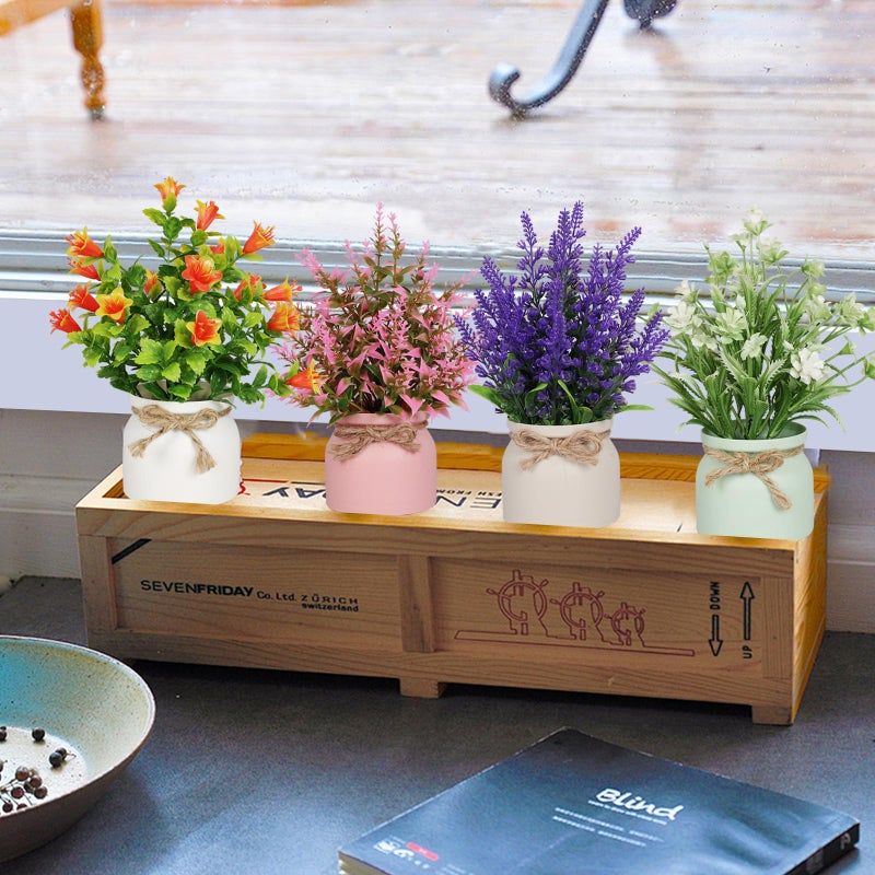 Yoratee 4pcs Artificial Pot Flowers Small Fake Plants with Pot Mini Potted Plants for House Office Tabletop Decoration - Image 3