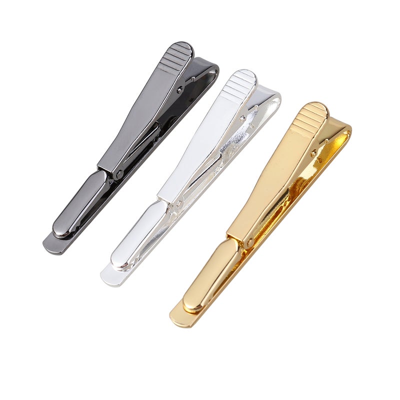 3pcs Men's Tie Bar Clip Genteel Stylish Suit's Tie Clasp Clip for Business Evening Party (Black & Silver & Gold) - Image 1