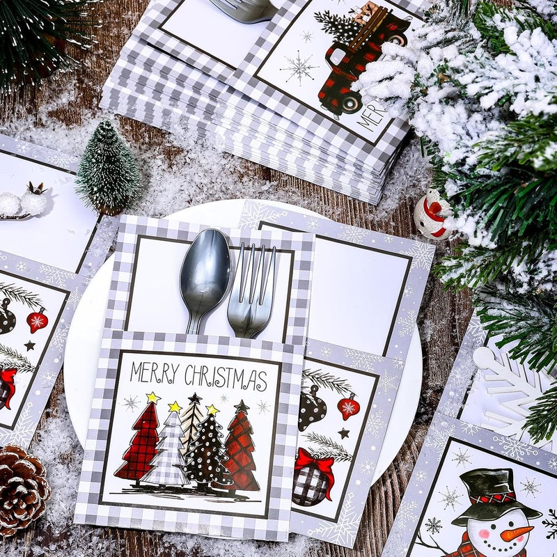JarThenaAMCS 36Pcs Christmas Silverware Holders Rustic Xmas Tree Plaid Truck Snowman Cutlery Holders Winter Utensil Paper Bag Pocket for Farmhouse Party Supplies - Image 4