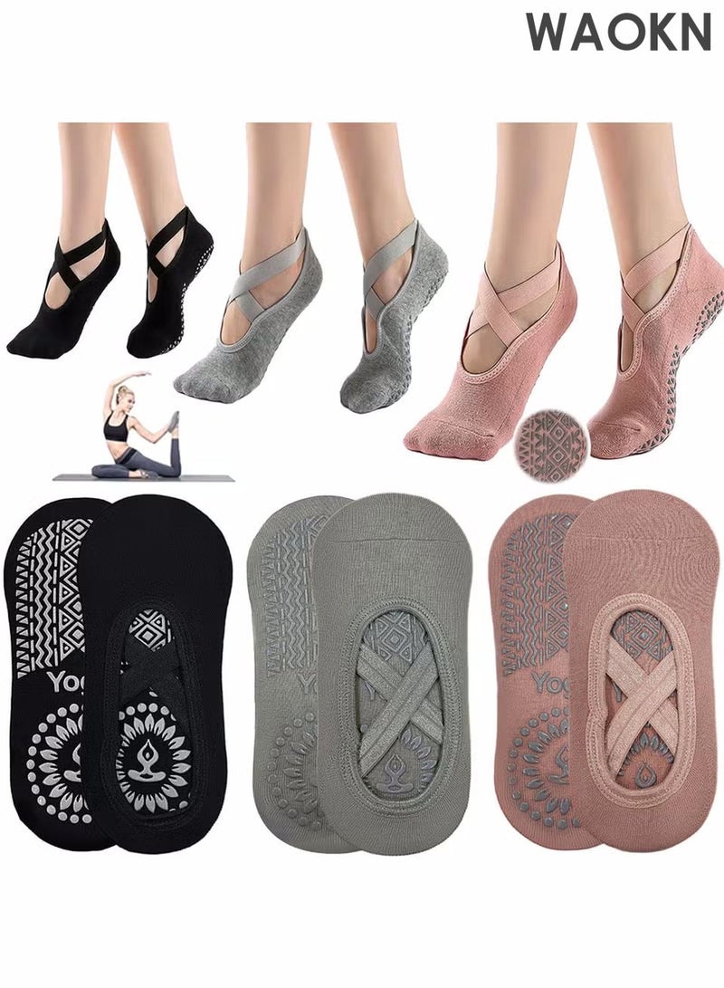 دبليو أيه أو كي أن 3 أزواج من جوارب اليوجا للنساء، جوارب بيلاتيس غير قابلة للانزلاق، مريحة، قابلة للتهوية، تمتص الرطوبة وتحافظ على ثباتها، مناسبة لليوجا والبيلاتس والباليه والرقص والتمرين والمستشفيات (وردي، أسود، رمادي) - Image 1