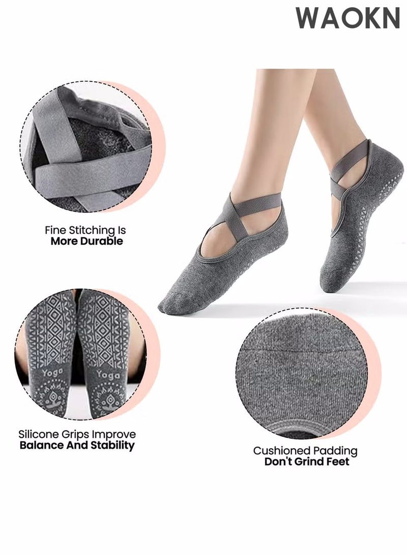 دبليو أيه أو كي أن 3 أزواج من جوارب اليوجا للنساء، جوارب بيلاتيس غير قابلة للانزلاق، مريحة، قابلة للتهوية، تمتص الرطوبة وتحافظ على ثباتها، مناسبة لليوجا والبيلاتس والباليه والرقص والتمرين والمستشفيات (وردي، أسود، رمادي) - Image 3