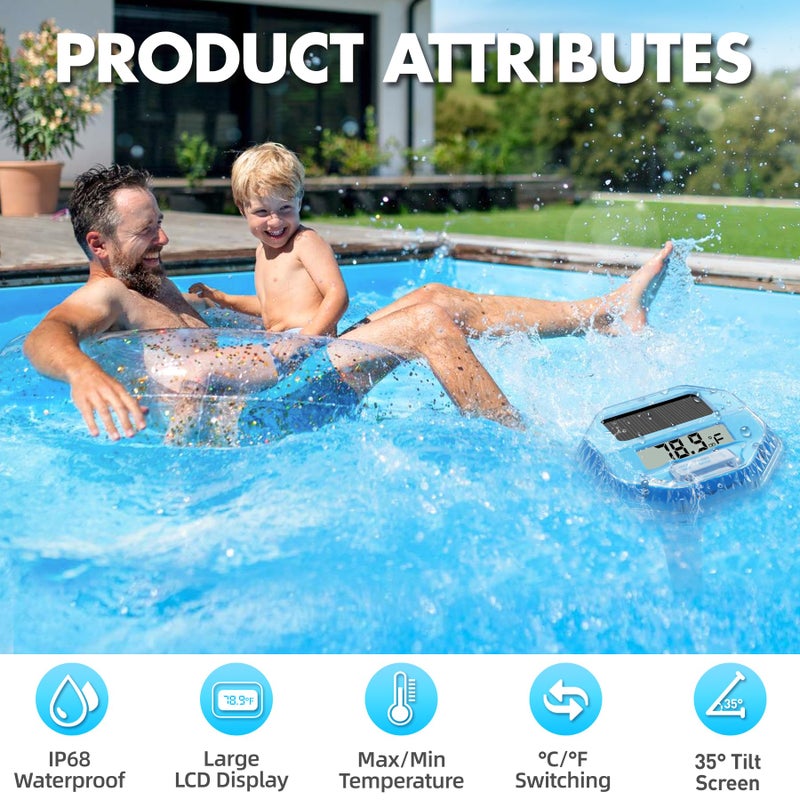 Pircaath 2025 Upgrade Digital Pool Thermometer Floating Easy Read, Solar Pool Thermometer with Dynamic Light Show, Large LCD Screen & IP68 Waterproof Pools Water Temperature Thermometers for Hot Tub - Image 4