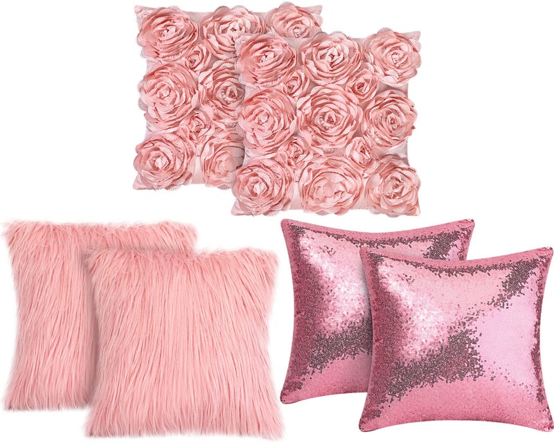 Oudain 6 Pcs Decorative 3D Rose Flower Pillow Cover  Faux Fur Throw Pillow Covers  16 x 16 Inch Throw Pillows for Bed Soft Square Sofa Pillow Covers for Sofa Bedroom Car (Pink Colors) - Image 1