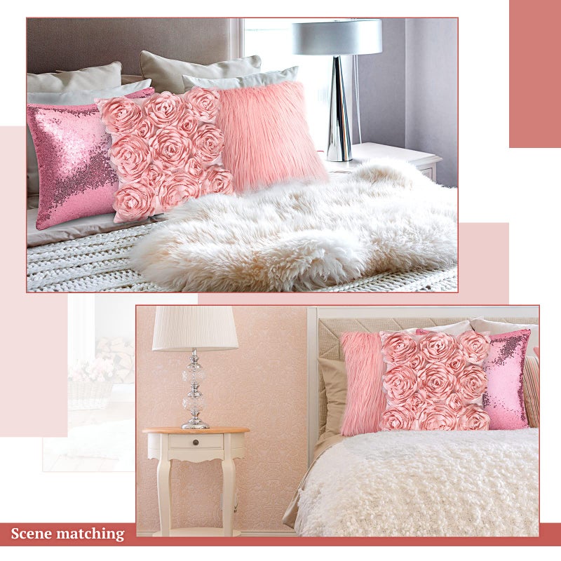 Oudain 6 Pcs Decorative 3D Rose Flower Pillow Cover  Faux Fur Throw Pillow Covers  16 x 16 Inch Throw Pillows for Bed Soft Square Sofa Pillow Covers for Sofa Bedroom Car (Pink Colors) - Image 5