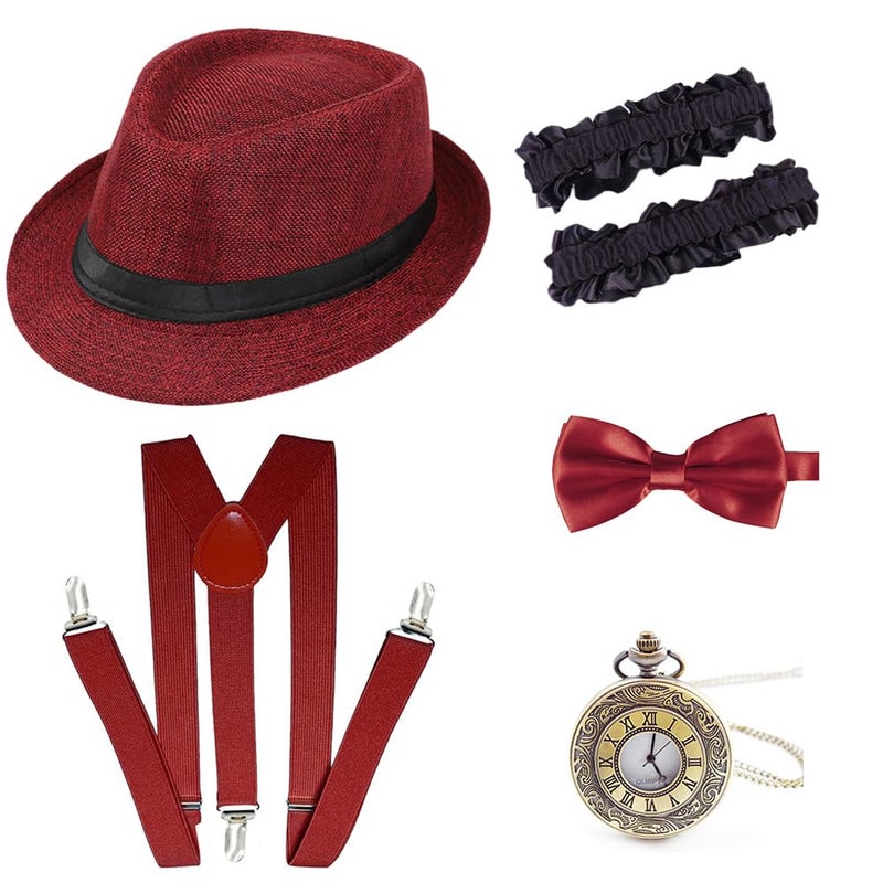 Gionforsy 1920s Accessories for Men 20s Gatsby Gangster Costume Accessories Set Panama Hat Set Roaring 20s Costume (Panama Hat-Winered) - Image 1