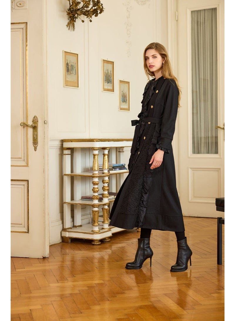 MissWhence AE Long Coat/Jacket with Ruffle, Pleat, and Lace Detail and Sash - Black - Image 1