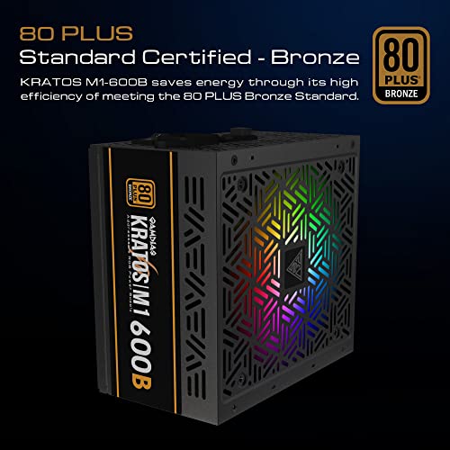 GAMDIAS مزود طاقة GAMDIAS 600W برونزي، مزودات طاقة ألعاب RGB للكمبيوتر 600W مع شهادة 80 بلس برونزي 600 واط للكمبيوترات مع PFC نشط، كراتوس M1-600B - Image 2
