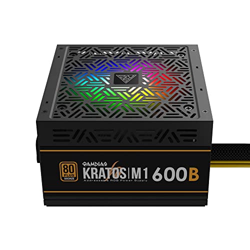 GAMDIAS مزود طاقة GAMDIAS 600W برونزي، مزودات طاقة ألعاب RGB للكمبيوتر 600W مع شهادة 80 بلس برونزي 600 واط للكمبيوترات مع PFC نشط، كراتوس M1-600B - Image 1