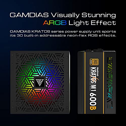GAMDIAS مزود طاقة GAMDIAS 600W برونزي، مزودات طاقة ألعاب RGB للكمبيوتر 600W مع شهادة 80 بلس برونزي 600 واط للكمبيوترات مع PFC نشط، كراتوس M1-600B - Image 3
