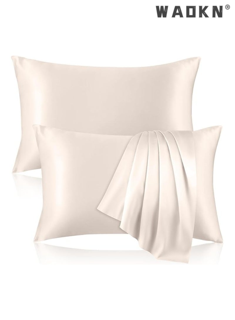 WAOKN 2 Pack 100% Pure Silk Pillowcases for Hair and Skin, Double Sided Mulberry Silk Pillowcase with Invisible Zipper, Cooling Pillowcase 19 Momme, 600 Thread Count Silk Pillowcase Standard Size, Beige - Image 1