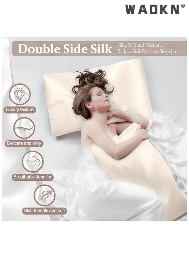 WAOKN 2 Pack 100% Pure Silk Pillowcases for Hair and Skin, Double Sided Mulberry Silk Pillowcase with Invisible Zipper, Cooling Pillowcase 19 Momme, 600 Thread Count Silk Pillowcase Standard Size, Beige - Image 2