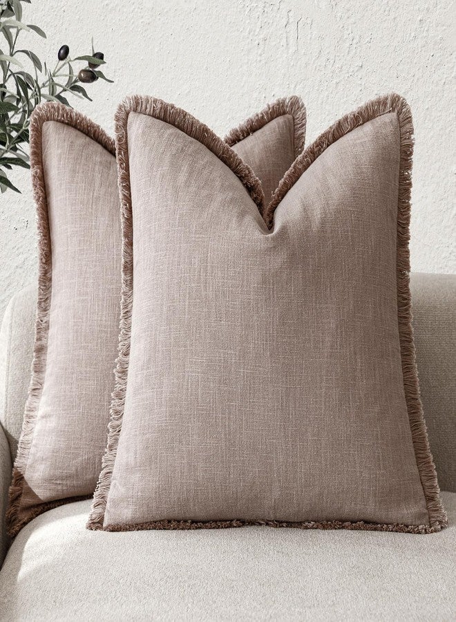 Foindtower Set of 2 Decorative Linen Fringe Throw Pillow Covers Boho Farmhouse Cushion Cover with Tassels Soft Accent Pillowcase for Couch Sofa Bed Living Room Home Decor,24×24 Inch,Dusty Pink - Image 1