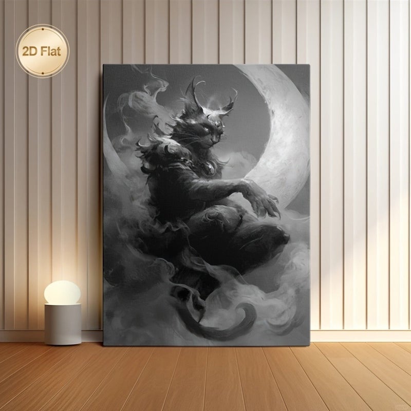 Framed Canvas Art Painting - Moonlight Cat Monster with Horns and Smoke - Image 1